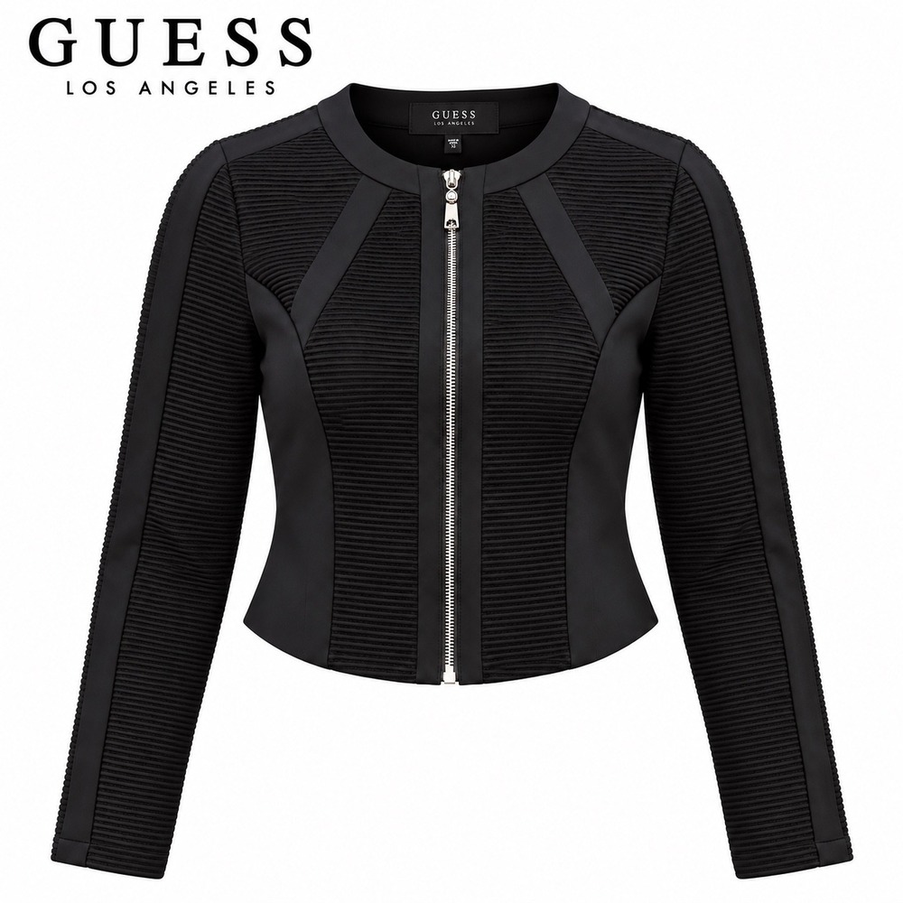 Guess Los Angeles Womens Black Ribbed Textured Cropped Zip Up Jacket XS